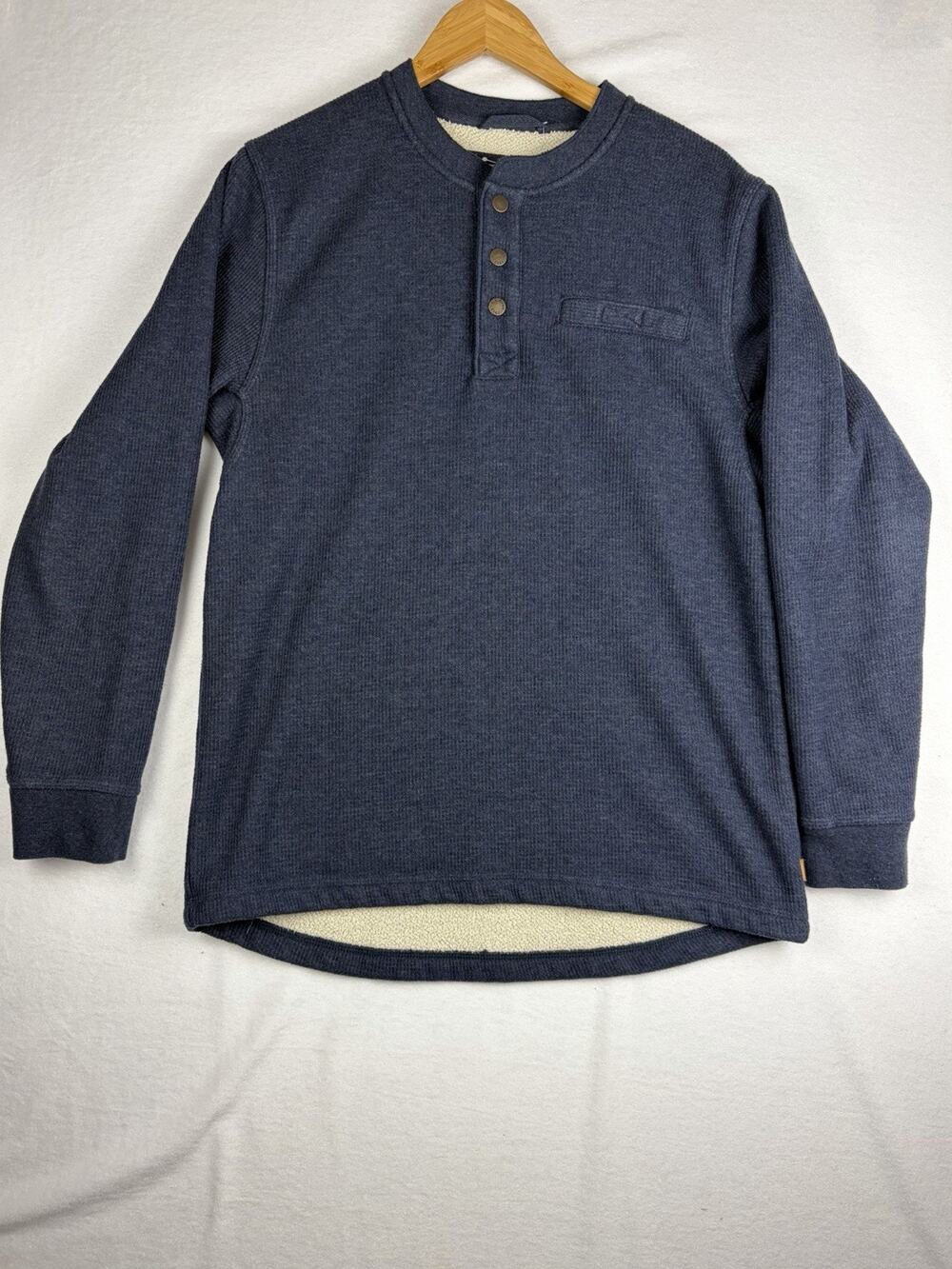 LL Bean Men's M Sherpa Lined Waffle Knit Henley Pullover Blue Snap Neck Thermal